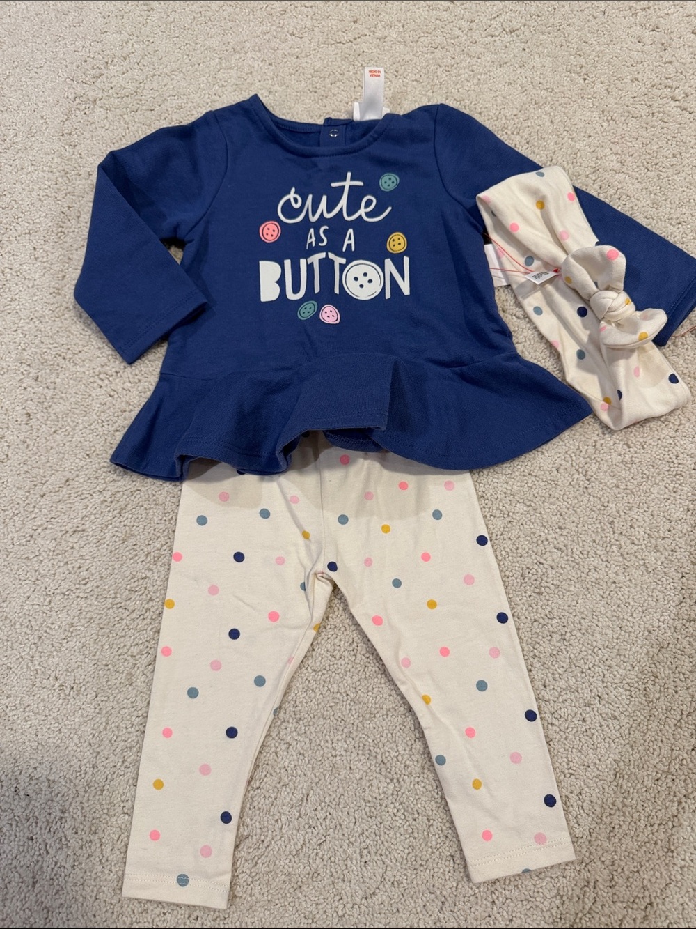 Cat and Jack Navy Peplum Top with Cream Polka Dot Leggings and Headband